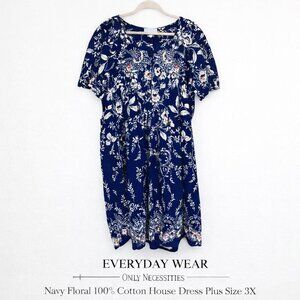 Only Necessities Navy Floral Cotton House Dress Muumuu Plus Size 3X Retro